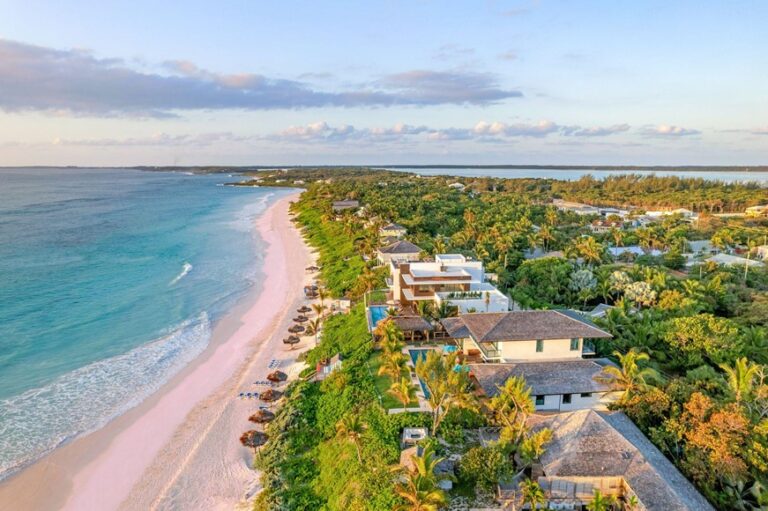 Aerial view of the pink sand beach on Harbour Island, The Bahamas